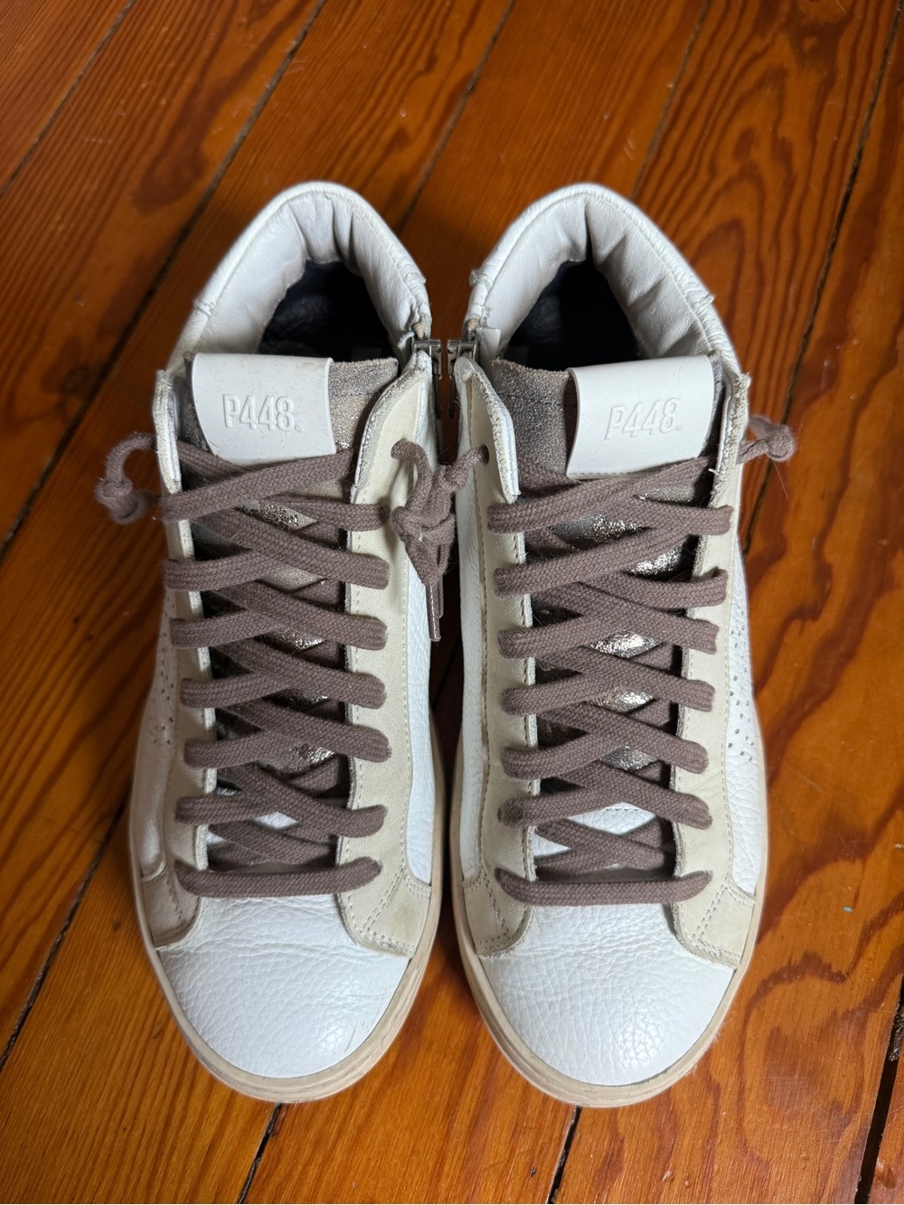 P448 White Leather Sneakers with Taupe Accents - Picture 4 of 4